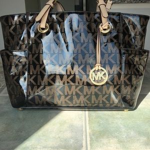 Michael Kors Black & Gold Logo Hand Bag Tan Strap